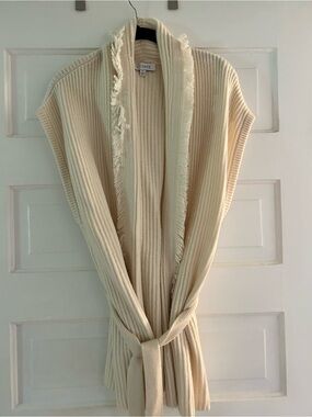 INTERMIX Cream Ribbed Fringe-Trim Open Knit Cardigan